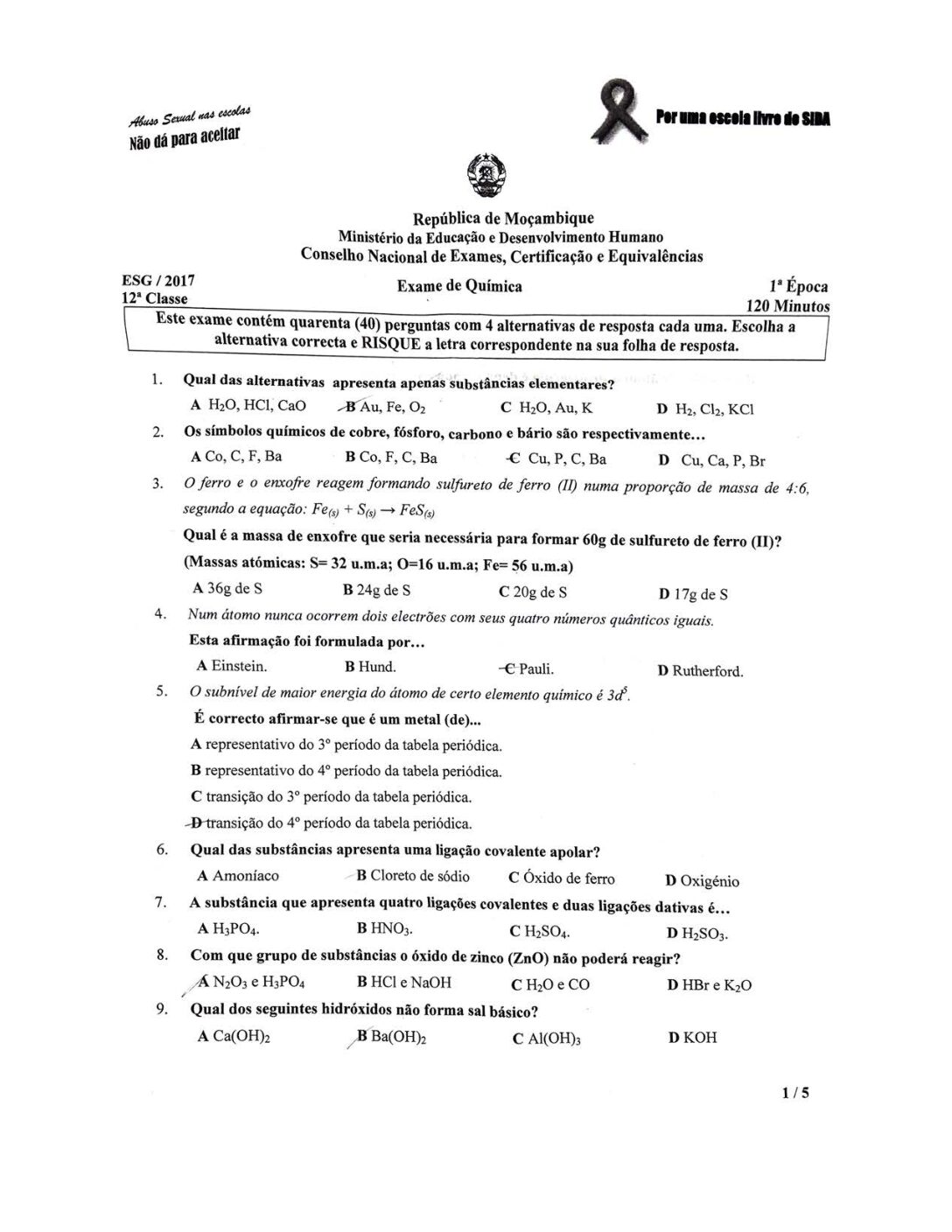 Química – 2017 da 12ª Classe – 1ª Chamada (Enunciado e Resolução do Exame Final em PDF)