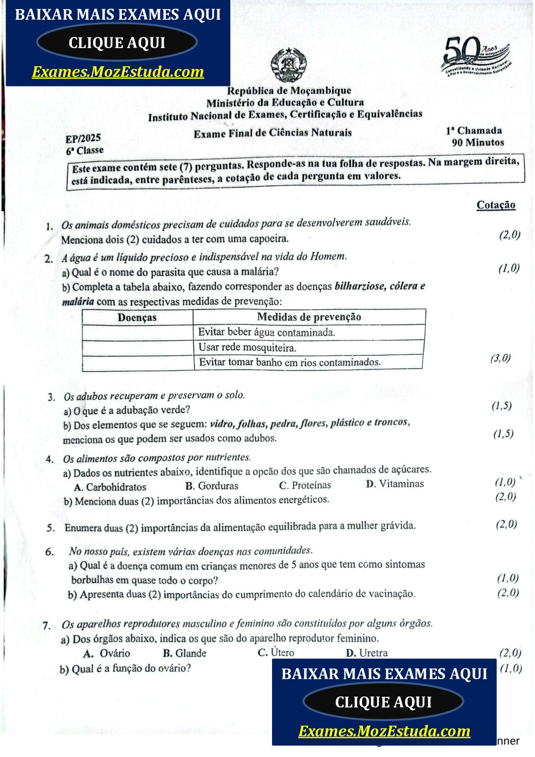 Ciências Naturais – 2025 da 6ª Classe – 1ª Chamada (Enunciado e Resolução do Exame Final em PDF)