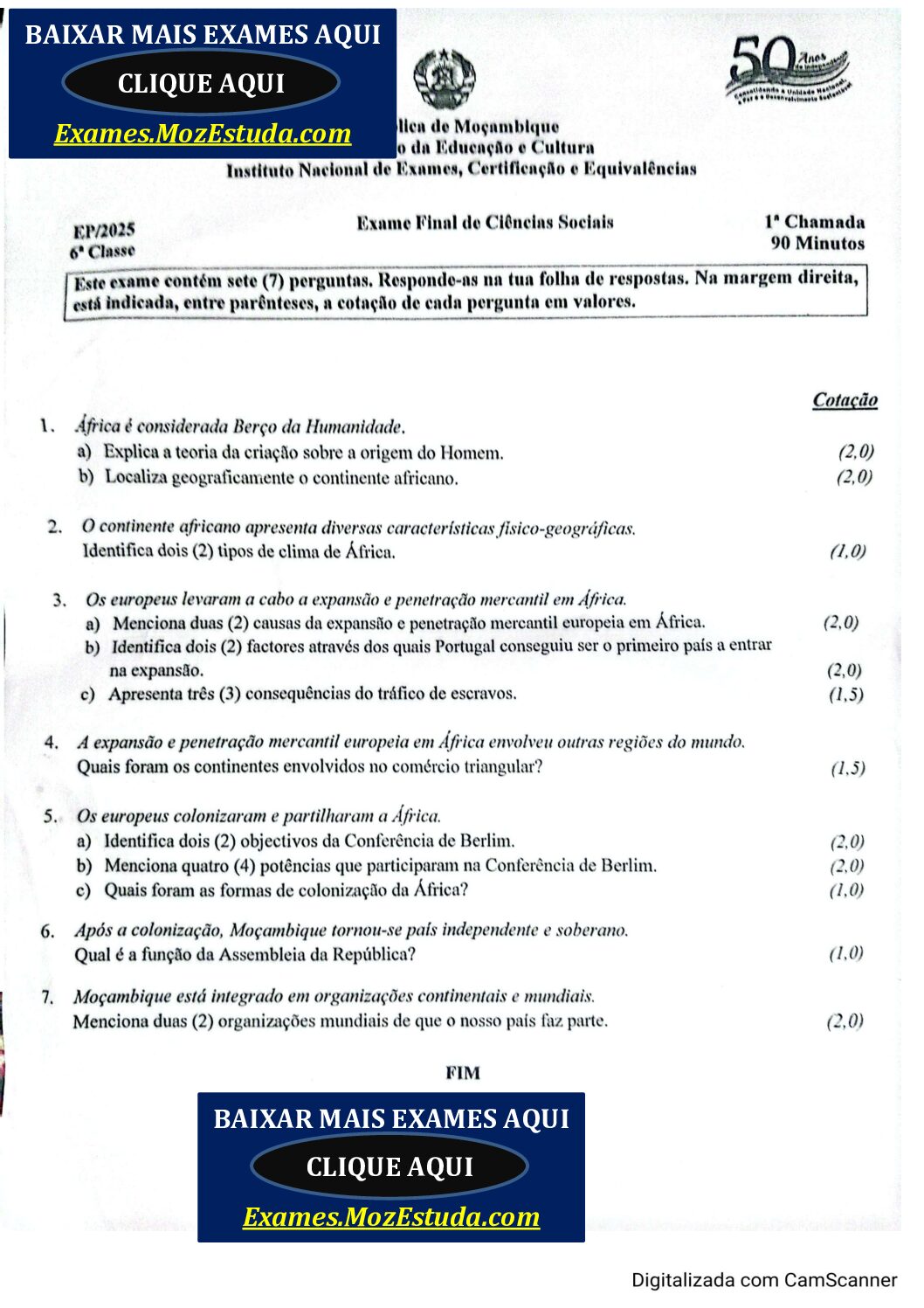 Ciências Sociais – 2025 da 6ª Classe – 1ª Chamada (Enunciado e Resolução do Exame Final em PDF)
