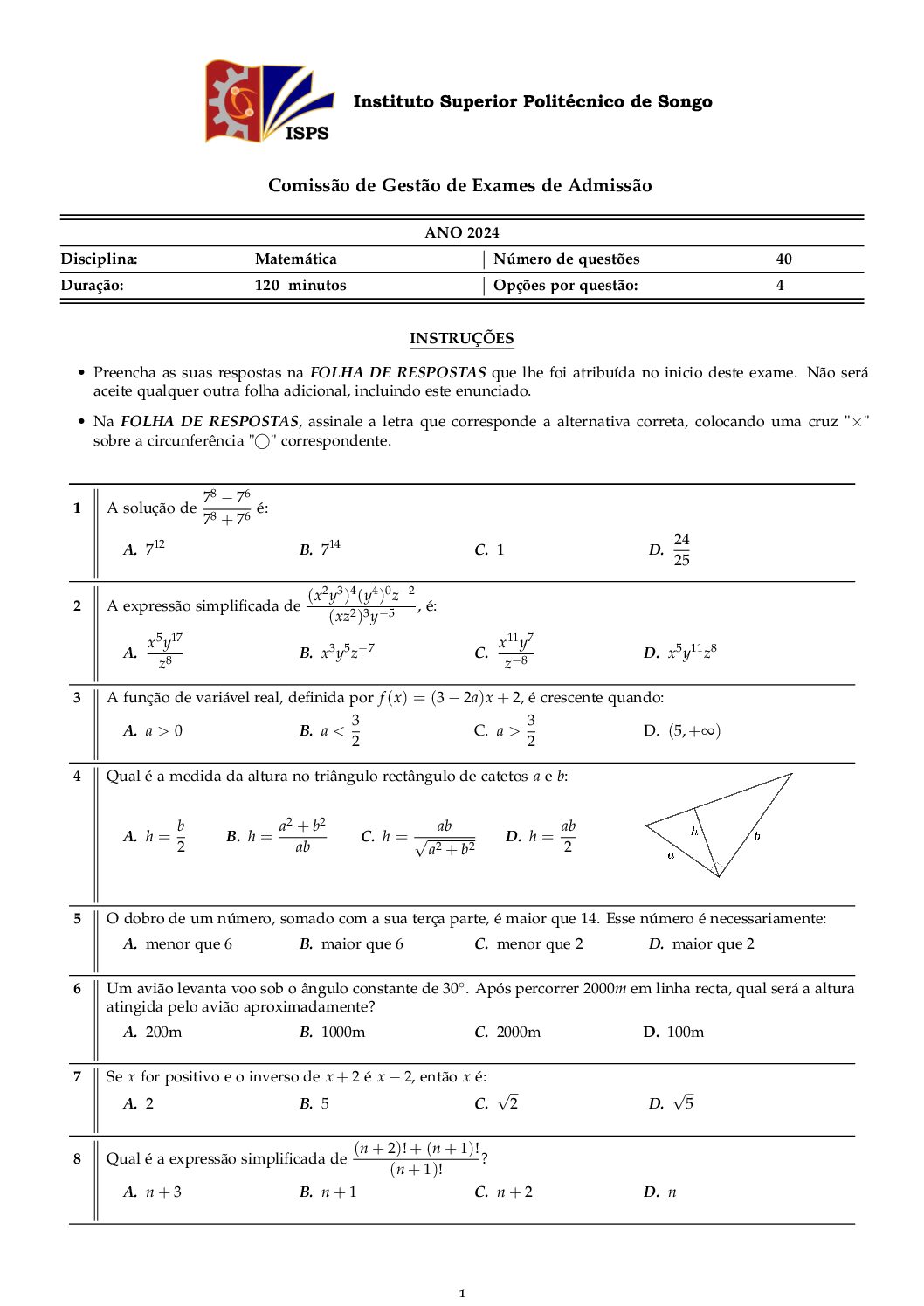 Matemática – 2024 do ISPSongo (Enunciado e Resolução do Exame de Admissão em PDF)
