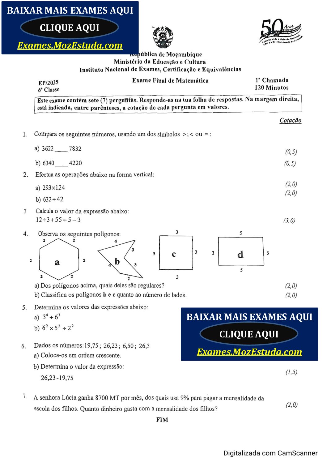Matemática – 2025 da 6ª Classe – 1ª Chamada (Enunciado e Resolução do Exame Final em PDF)
