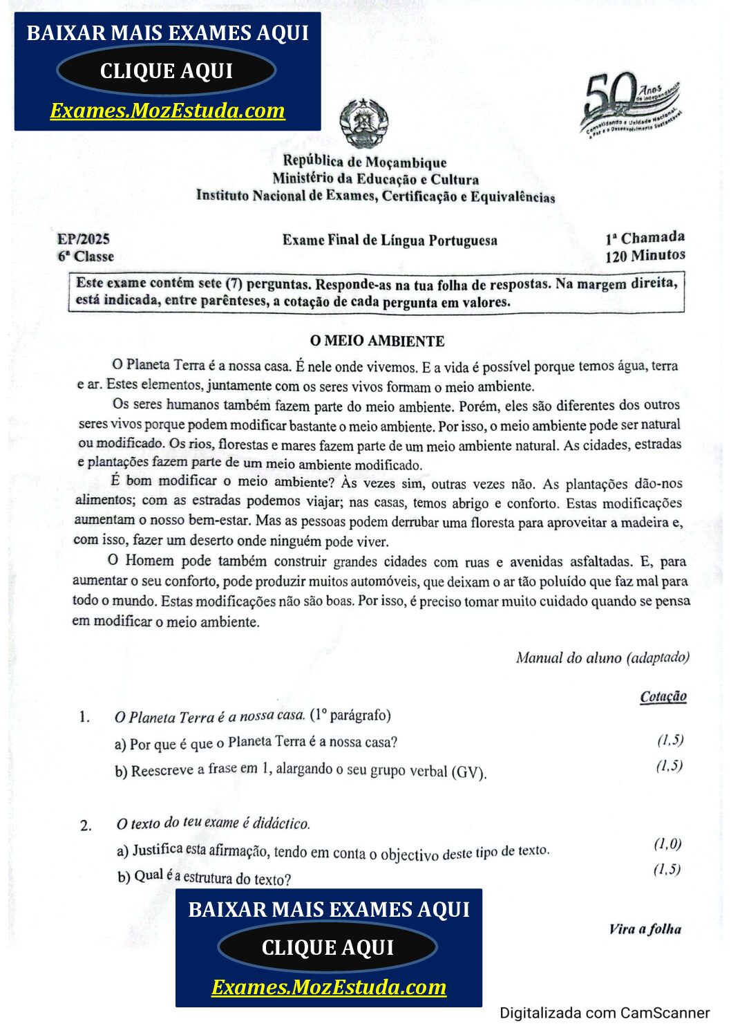 Português – 2025 da 6ª Classe – 1ª Chamada (Enunciado e Resolução do Exame Final em PDF)
