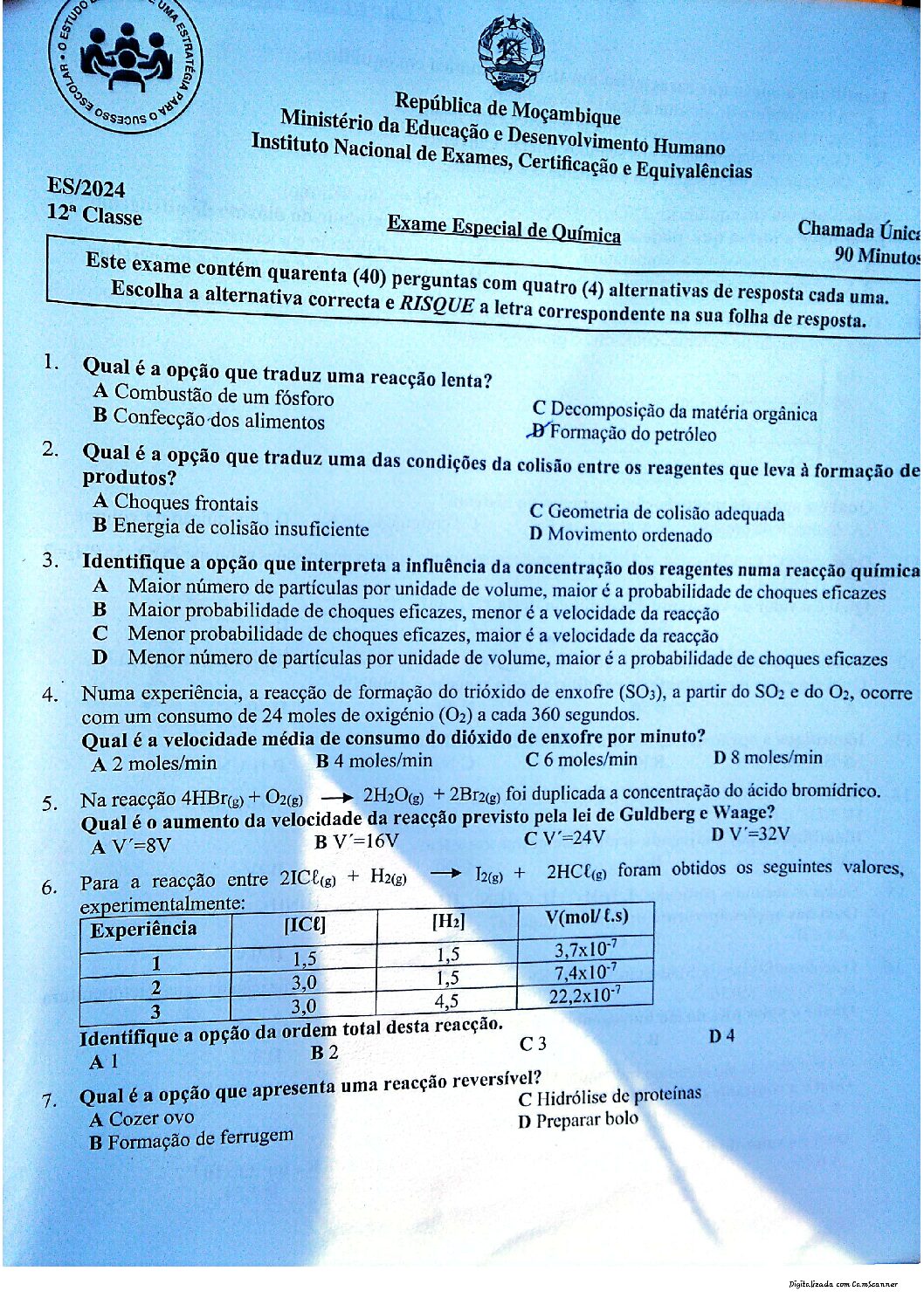 Química – 2024 da 12ª Classe  Extraordinário (Enunciado e Resolução do Exame Especial em PDF)