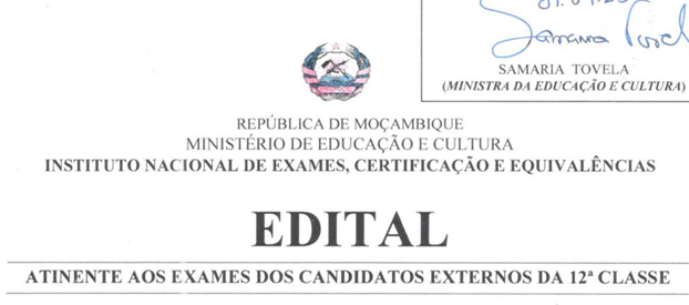 Baixar Edital 12ª Classe 2025 - Exames dos Candidatos Externos da 12ª Classe em PDF