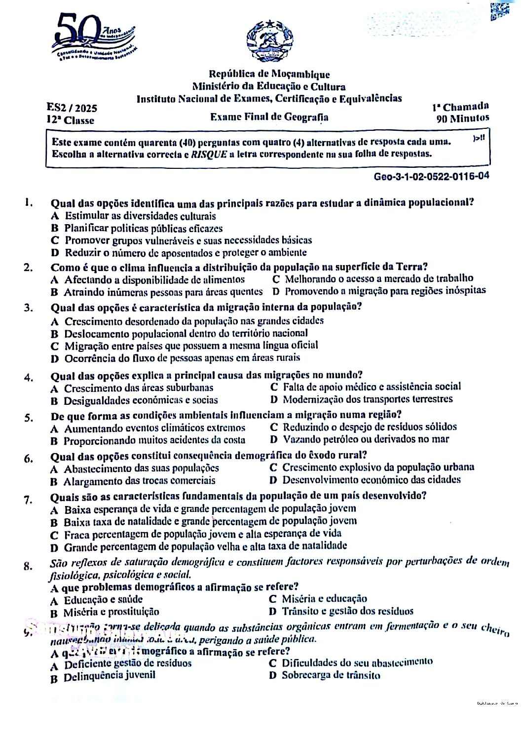 Geografia – 2025 da 12ª Classe – 1ª Chamada (Enunciado e Resolução do Exame Final em PDF)