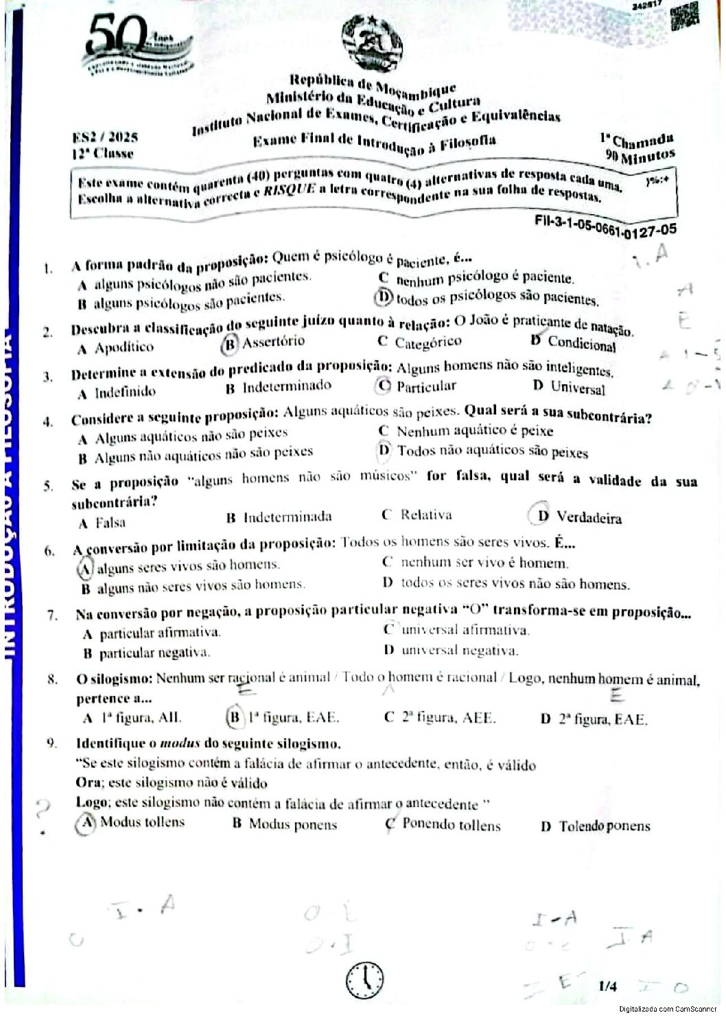 Filosofia – 2025 da 12ª Classe – 1ª Chamada (Enunciado e Resolução do Exame Final em PDF)