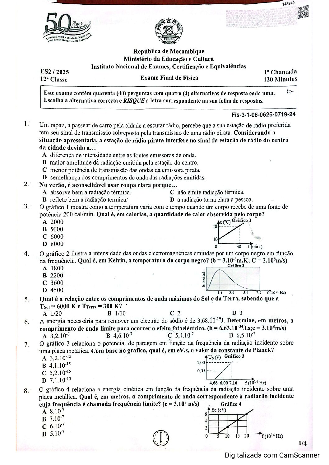 Física – 2025 da 12ª Classe – 1ª Chamada (Enunciado e Resolução do Exame Final em PDF)
