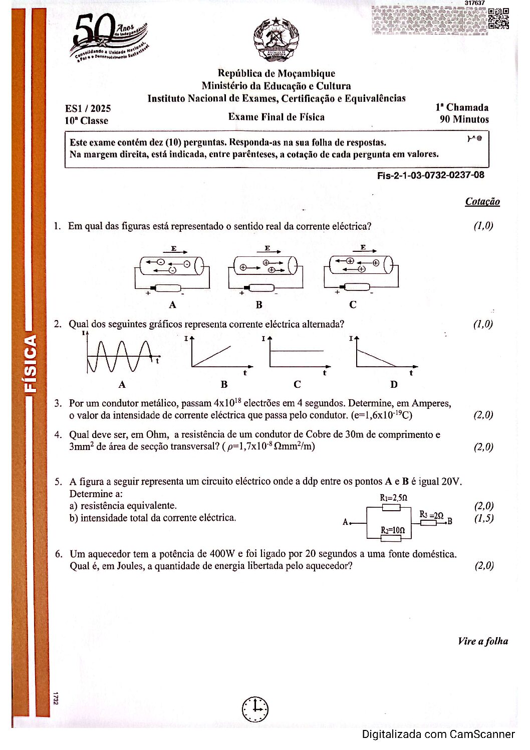 Física – 2025 da 12ª Classe – 1ª Chamada (Enunciado e Resolução do Exame Final em PDF)