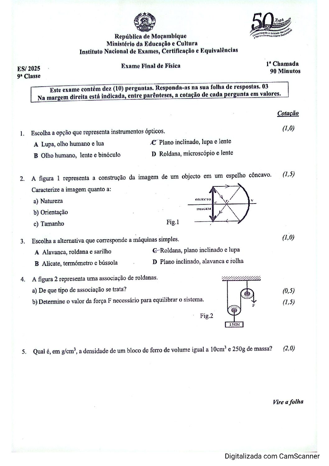 Física – 2025 da 9ª Classe – 1ª Chamada (Enunciado e Resolução do Exame Final em PDF)