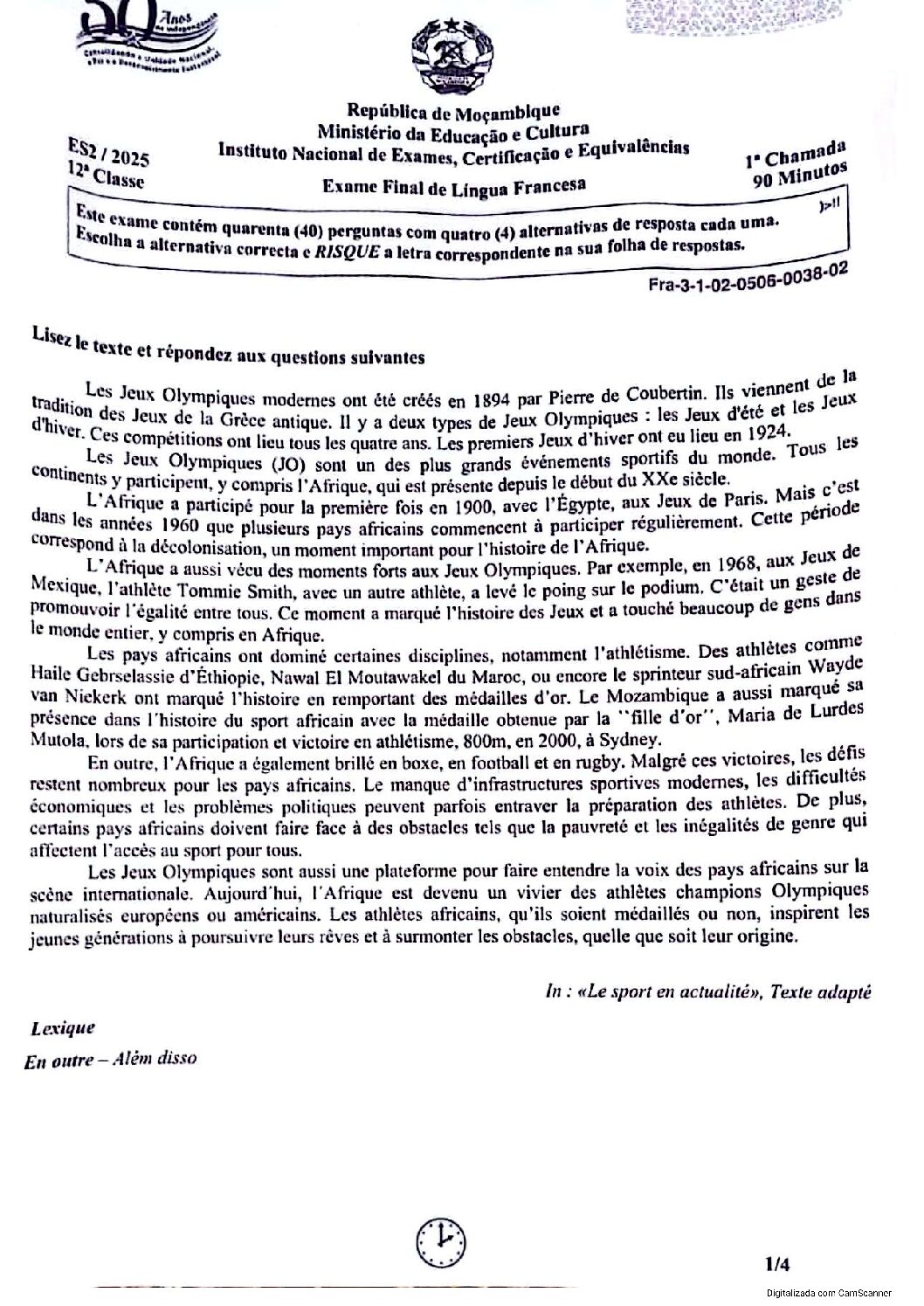 Francês – 2025 da 12ª Classe – 1ª Chamada (Enunciado e Resolução do Exame Final em PDF)