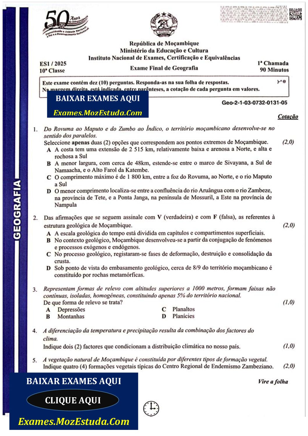 Geografia – 2025 da 10ª Classe – 1ª Chamada (Enunciado e Resolução do Exame Final em PDF)