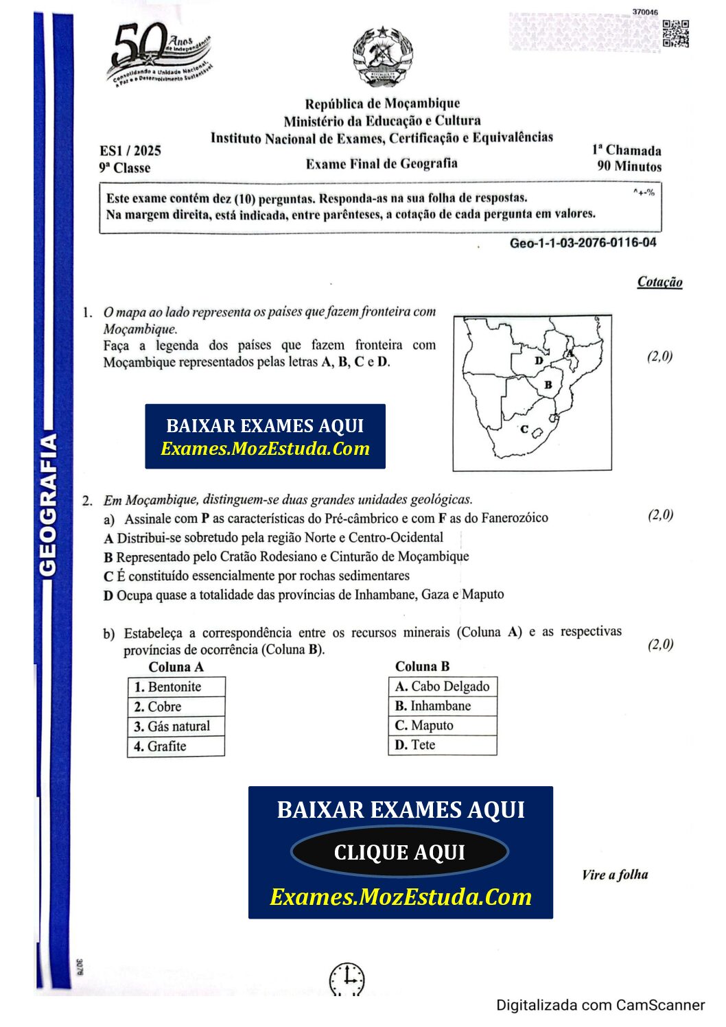 Geografia – 2025 da 9ª Classe – 1ª Chamada (Enunciado e Resolução do Exame Final em PDF)