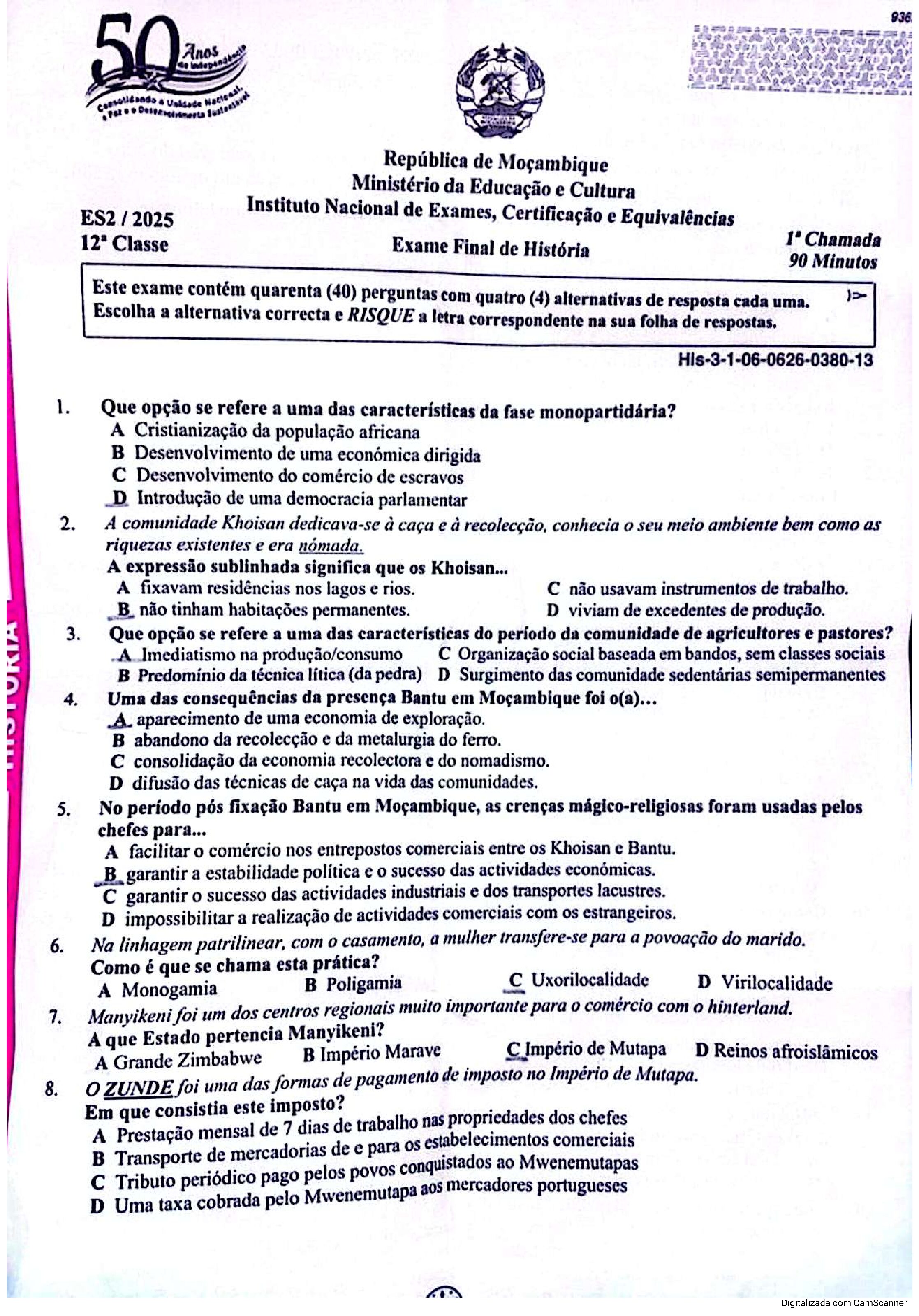 História – 2025 da 12ª Classe – 1ª Chamada (Enunciado e Resolução do Exame Final em PDF)