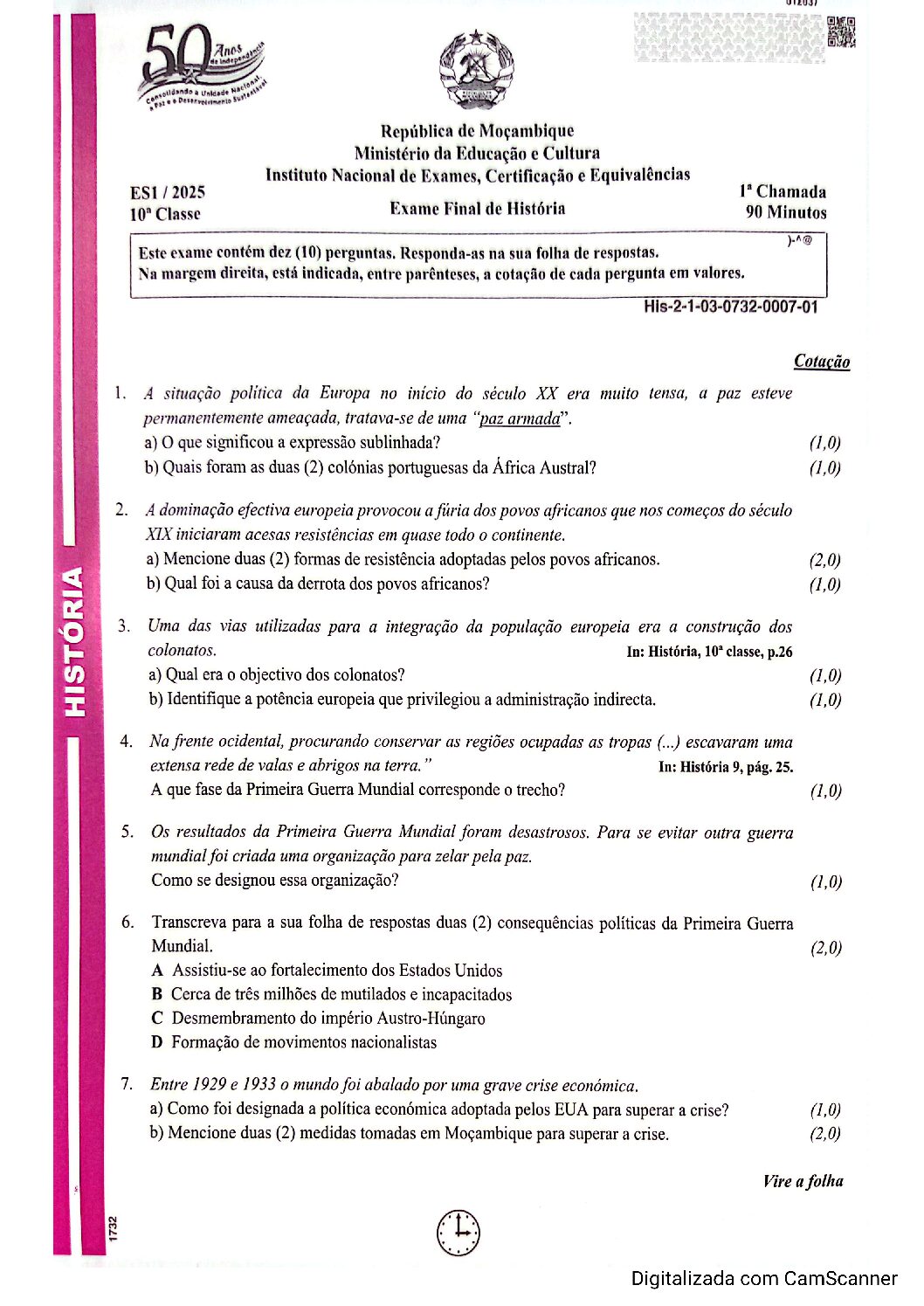 História – 2025 da 12ª Classe – 1ª Chamada (Enunciado e Resolução do Exame Final em PDF)