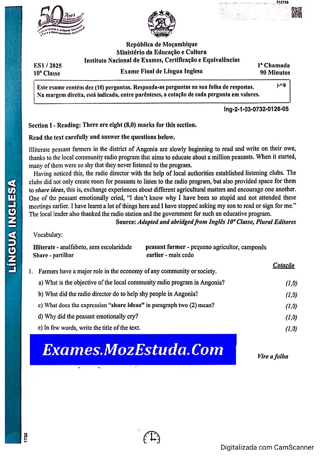 Inglês – 2025 da 10ª Classe – 1ª Chamada (Enunciado e Resolução do Exame Final em PDF)