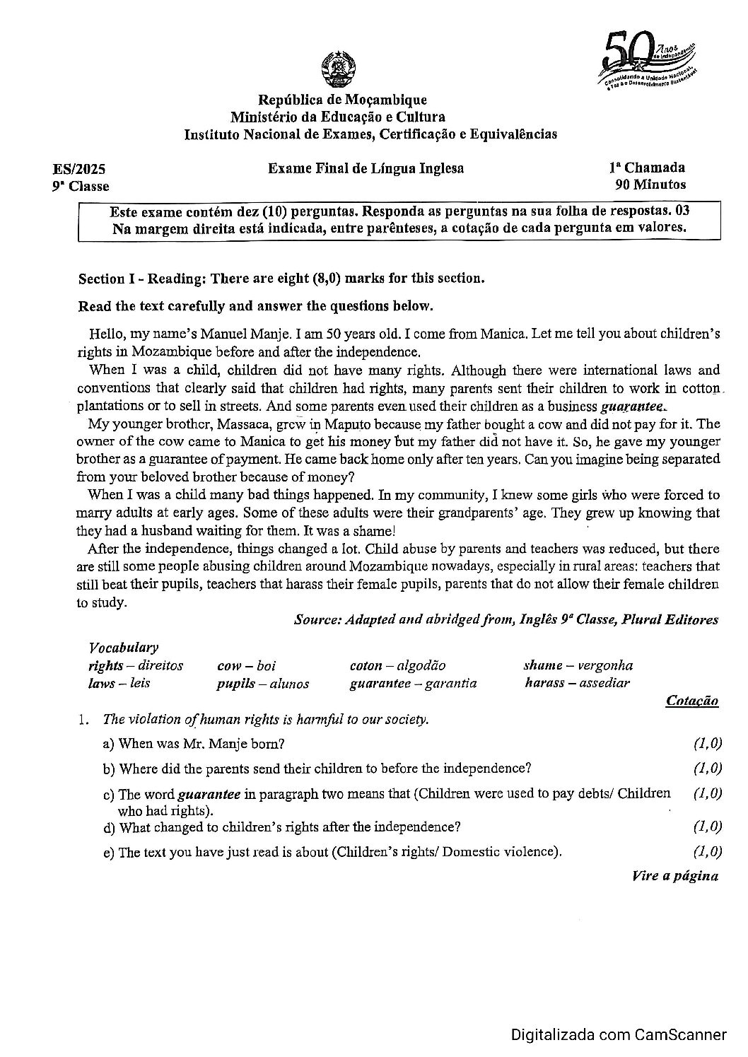 Inglês – 2025 da 9ª Classe – 1ª Chamada (Enunciado e Resolução do Exame Final em PDF)