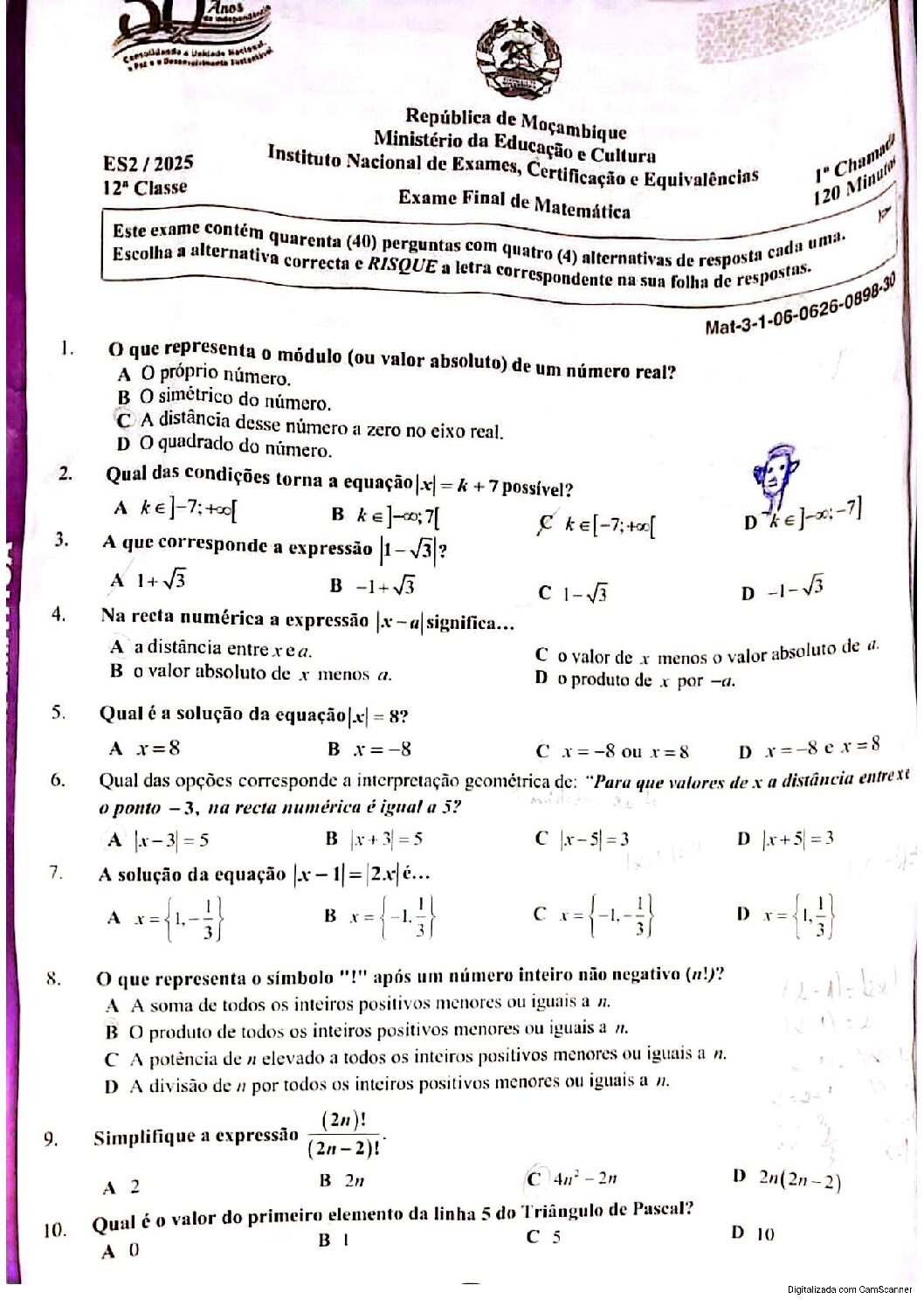 Matemática – 2025 da 12ª Classe – 1ª Chamada (Enunciado e Resolução do Exame Final em PDF)