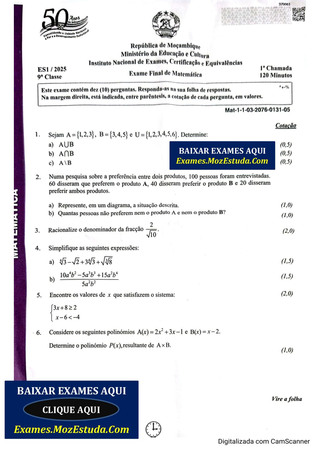Matemática – 2025 da 9ª Classe – 1ª Chamada (Enunciado e Resolução do Exame Final em PDF)