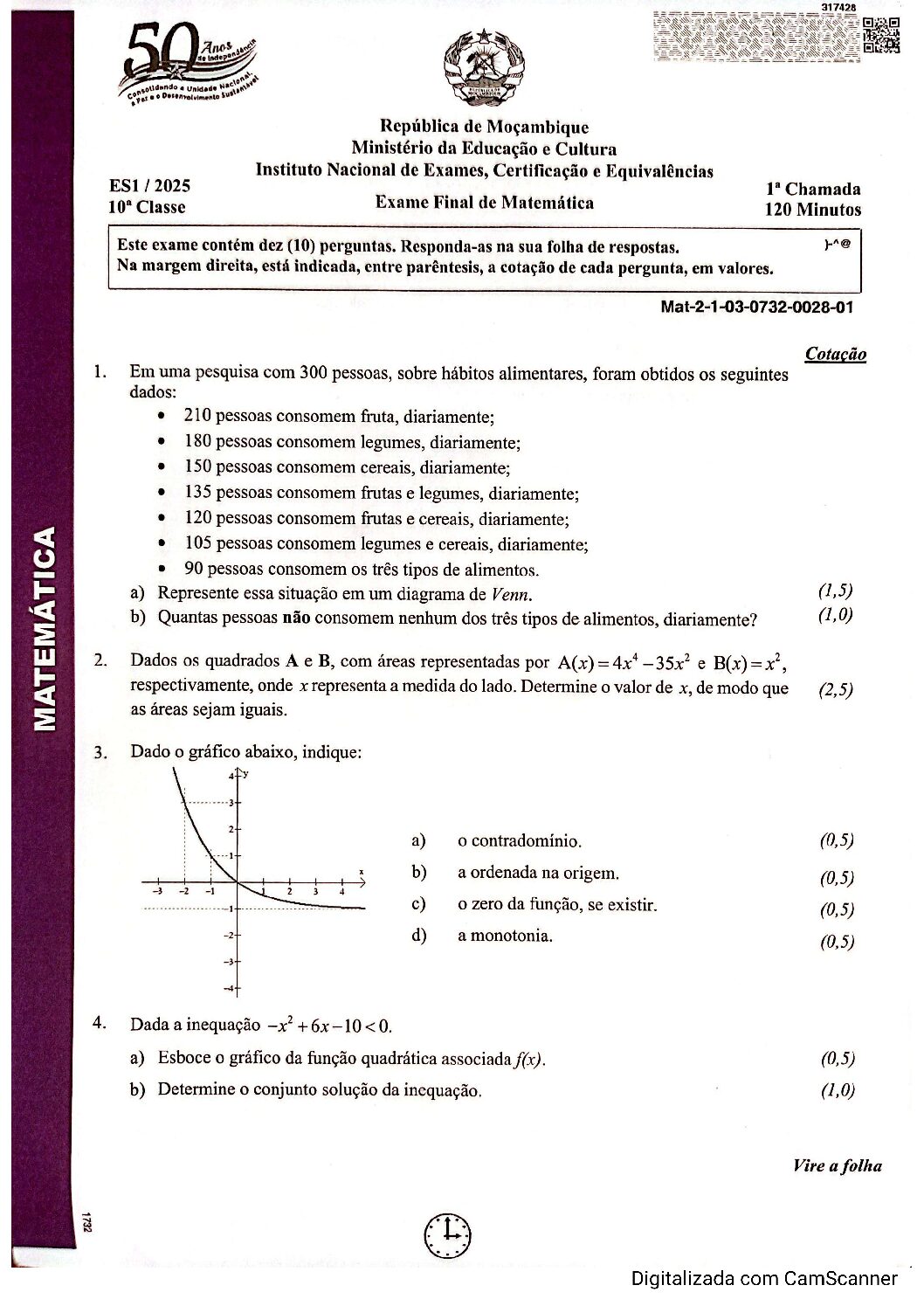 Matemática – 2025 da 10ª Classe – 1ª Chamada (Enunciado e Resolução do Exame Final em PDF)