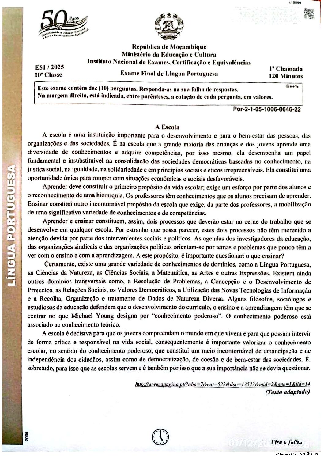 Português – 2025 da 10ª Classe – 1ª Chamada (Enunciado e Resolução do Exame Final em PDF)