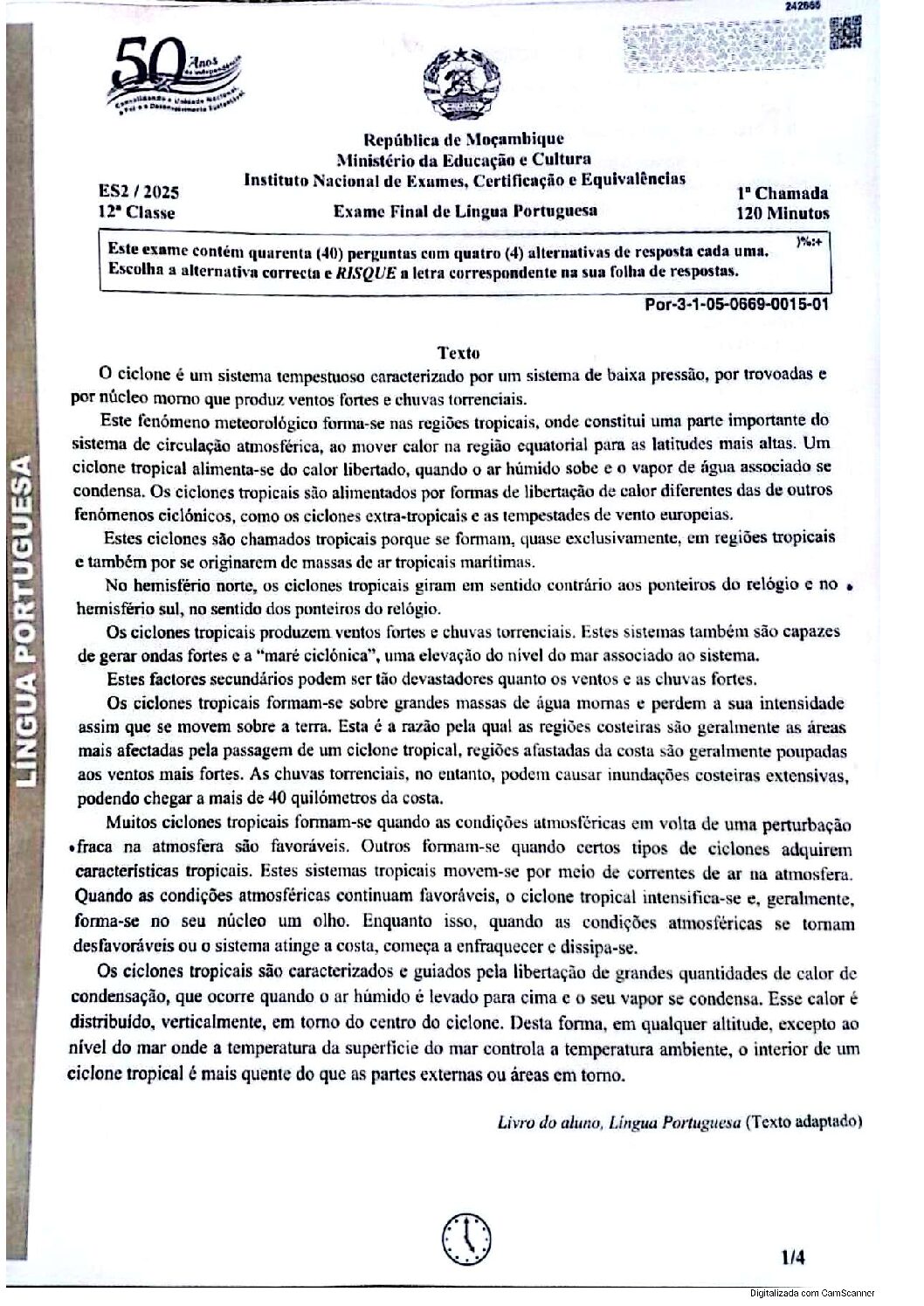 Português – 2025 da 12ª Classe – 1ª Chamada (Enunciado e Resolução do Exame Final em PDF)