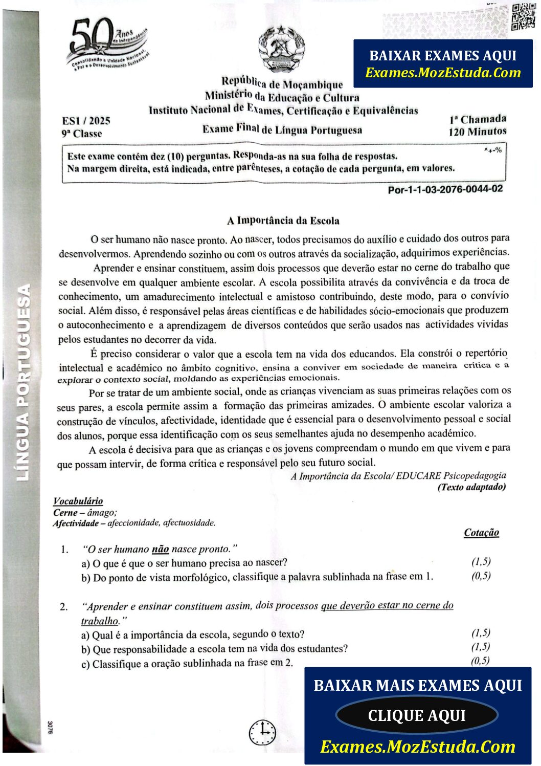 Português – 2025 da 9ª Classe – 1ª Chamada (Enunciado e Resolução do Exame Final em PDF)