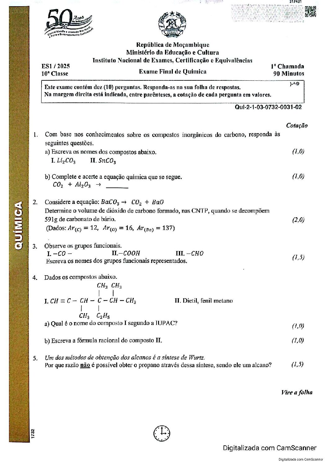 Química – 2025 da 10ª Classe – 1ª Chamada (Enunciado e Resolução do Exame Final em PDF)