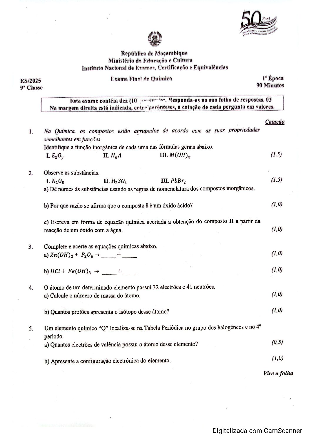 Química – 2025 da 9ª Classe – 1ª Chamada (Enunciado e Resolução do Exame Final em PDF)