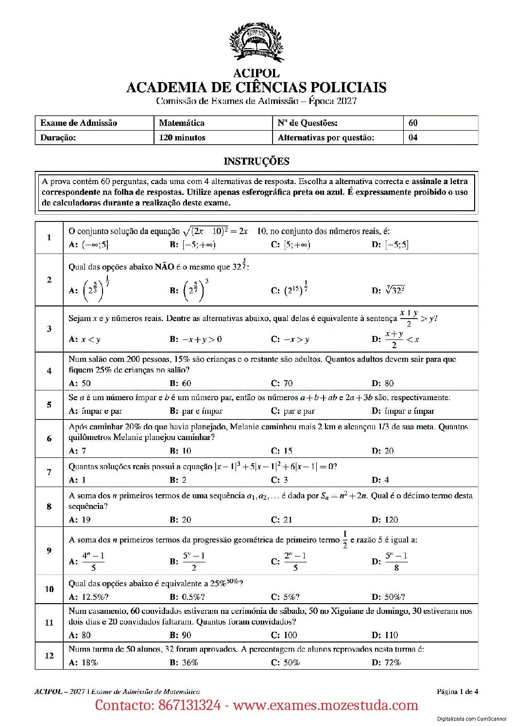 Matemática – 2027 da ACIPOL (Enunciado e Resolução do Exame de Admissão em PDF)