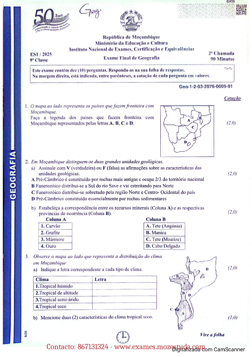 Geografia – 2025 da 9ª Classe – 2ª Chamada (Enunciado e Resolução do Exame Final em PDF)