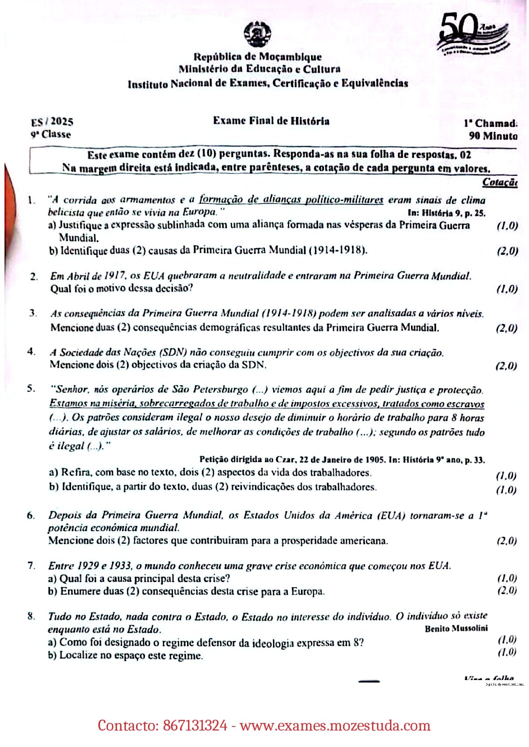 História – 2025 da 9ª Classe – 1ª Chamada (Enunciado e Resolução do Exame Final em PDF)