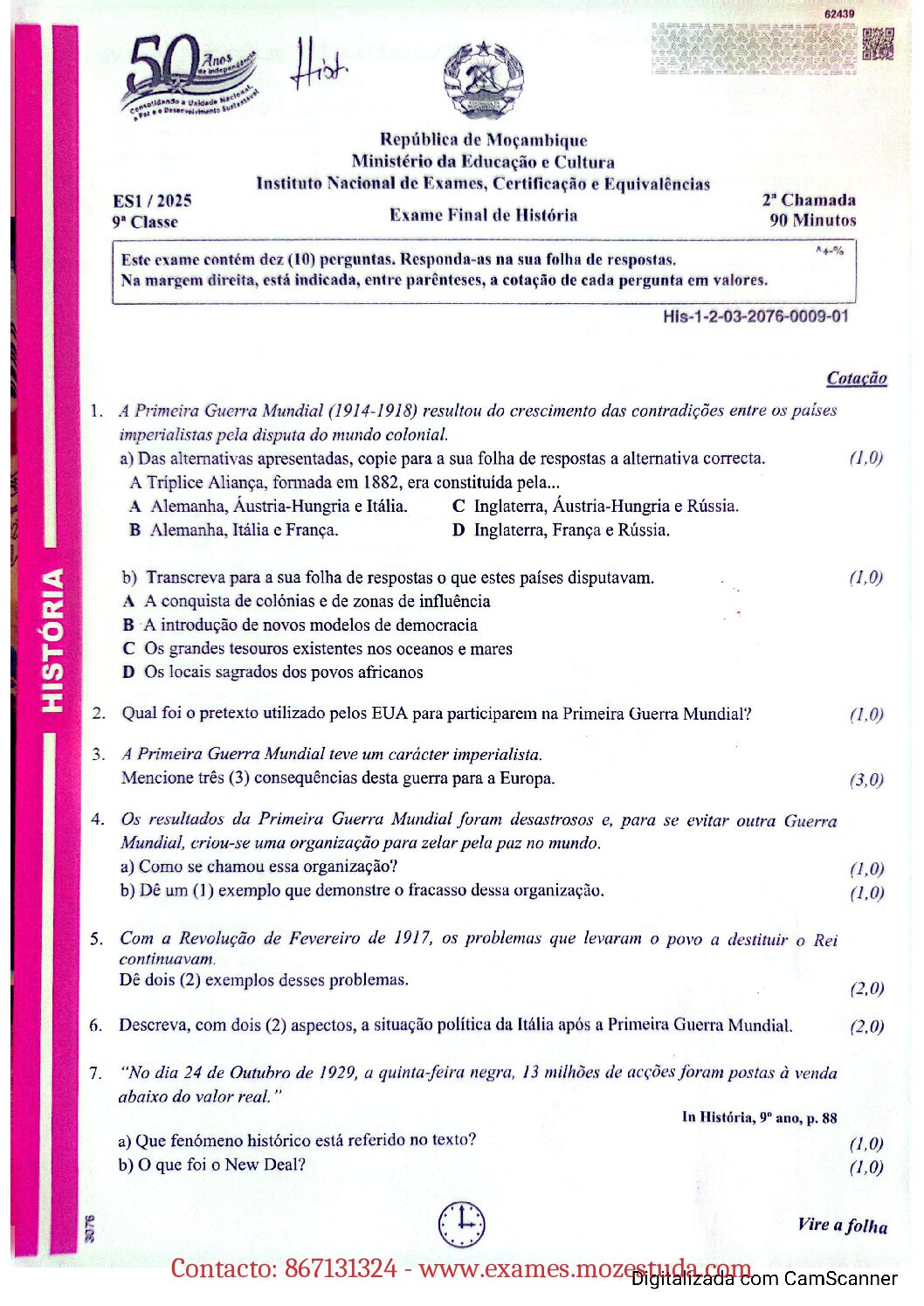 História – 2025 da 9ª Classe – 2ª Chamada (Enunciado e Resolução do Exame Final em PDF)