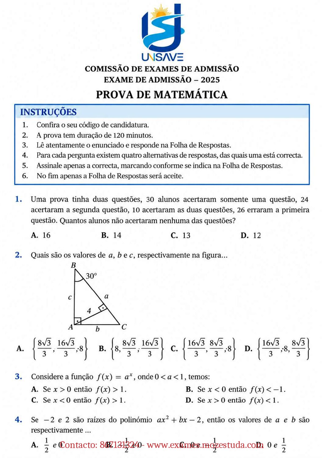 Matemática – 2025 da UniSave (Enunciado e Resolução do Exame de Admissão em PDF)