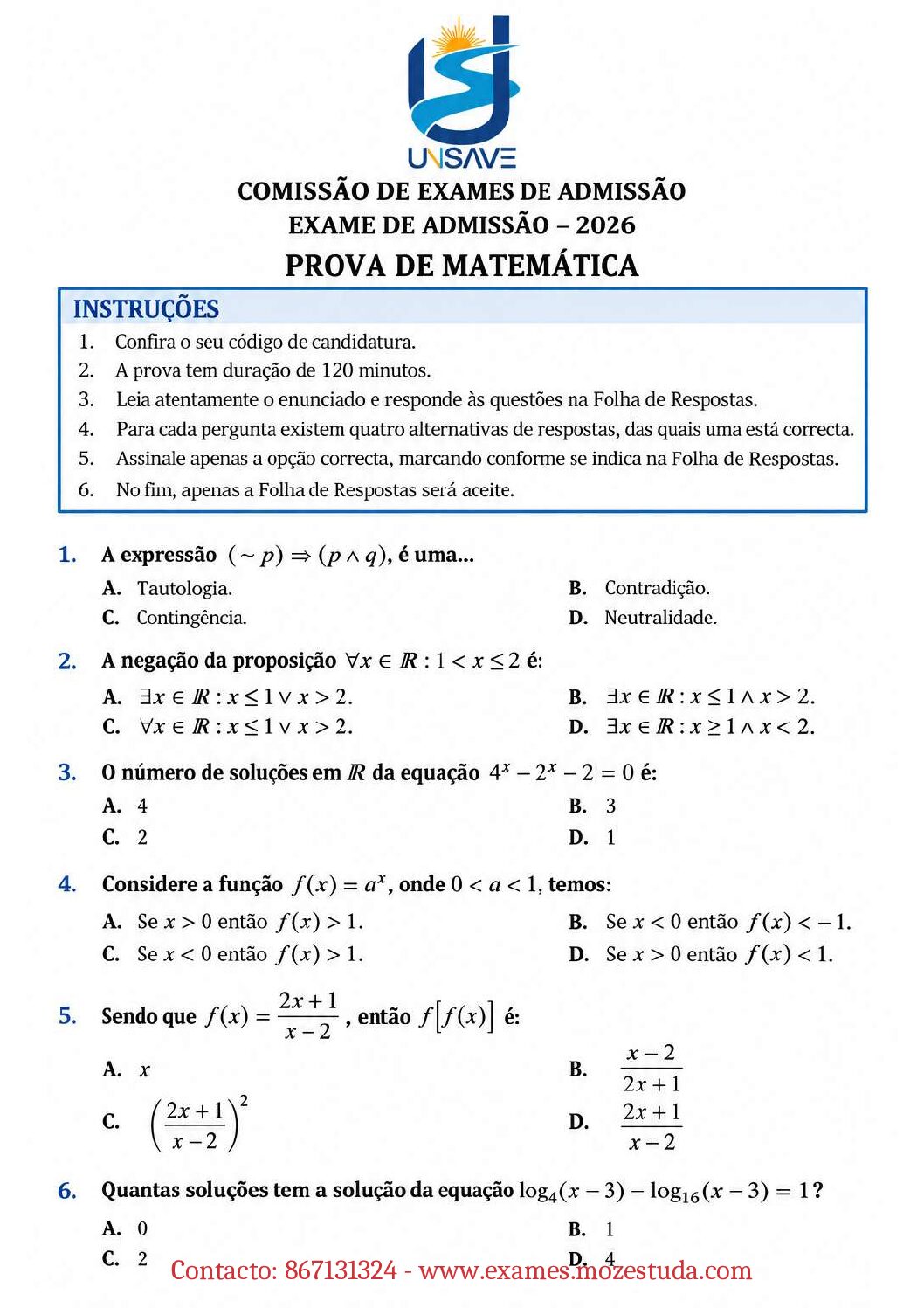 Matemática – 2026 da UniSave (Enunciado e Resolução do Exame de Admissão em PDF)