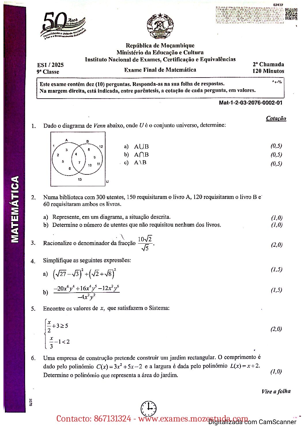Matemática – 2025 da 9ª Classe – 2ª Chamada (Enunciado e Resolução do Exame Final em PDF)