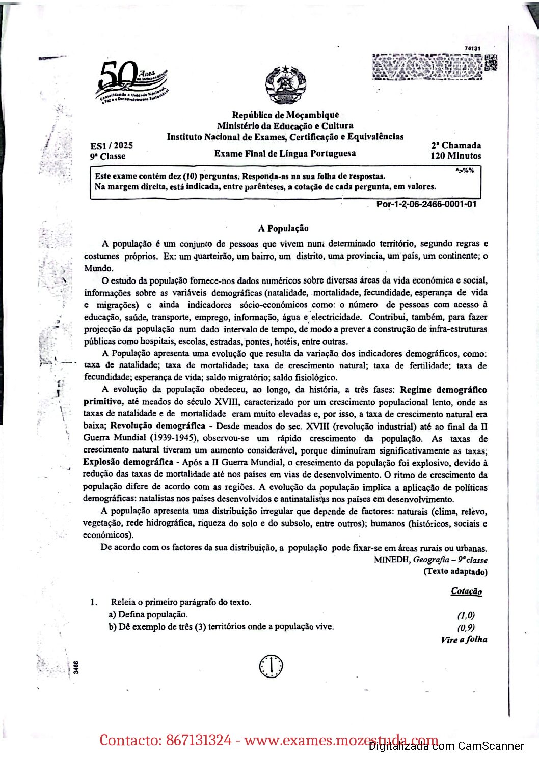 Português – 2025 da 9ª Classe – 2ª Chamada (Enunciado e Resolução do Exame Final em PDF)