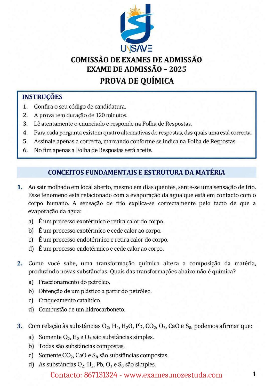 Química – 2025 da UniSave (Enunciado e Resolução do Exame de Admissão em PDF)