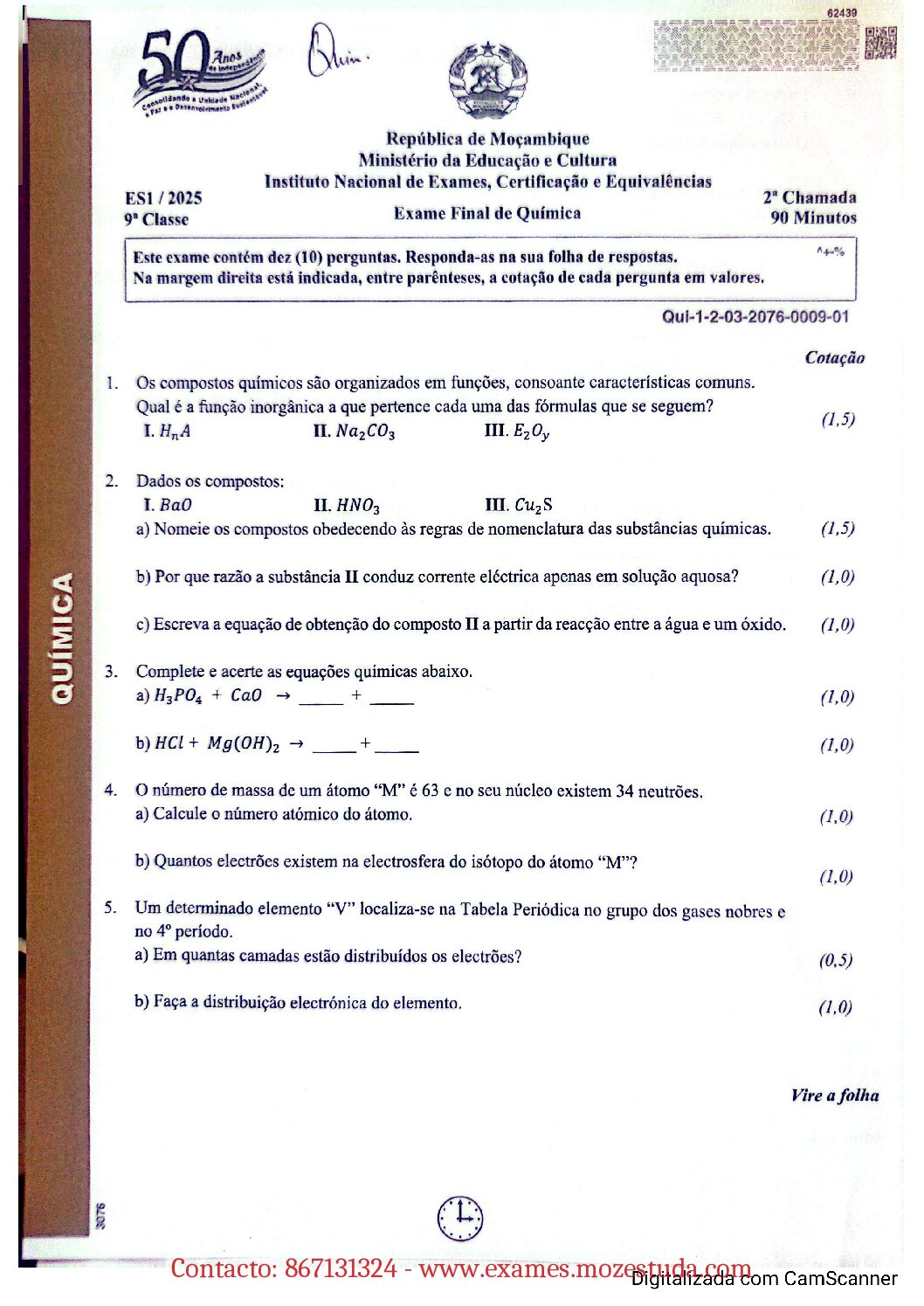 Química – 2025 da 9ª Classe – 2ª Chamada (Enunciado e Resolução do Exame Final em PDF)